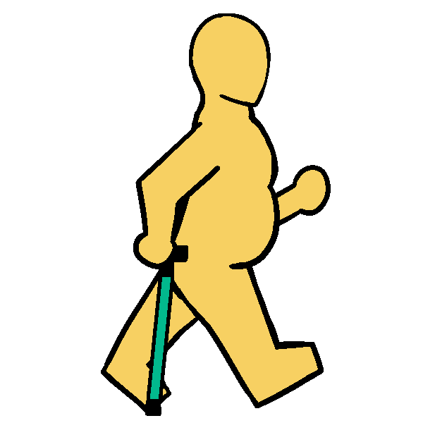 A yellow fat person walking with a teal cane.